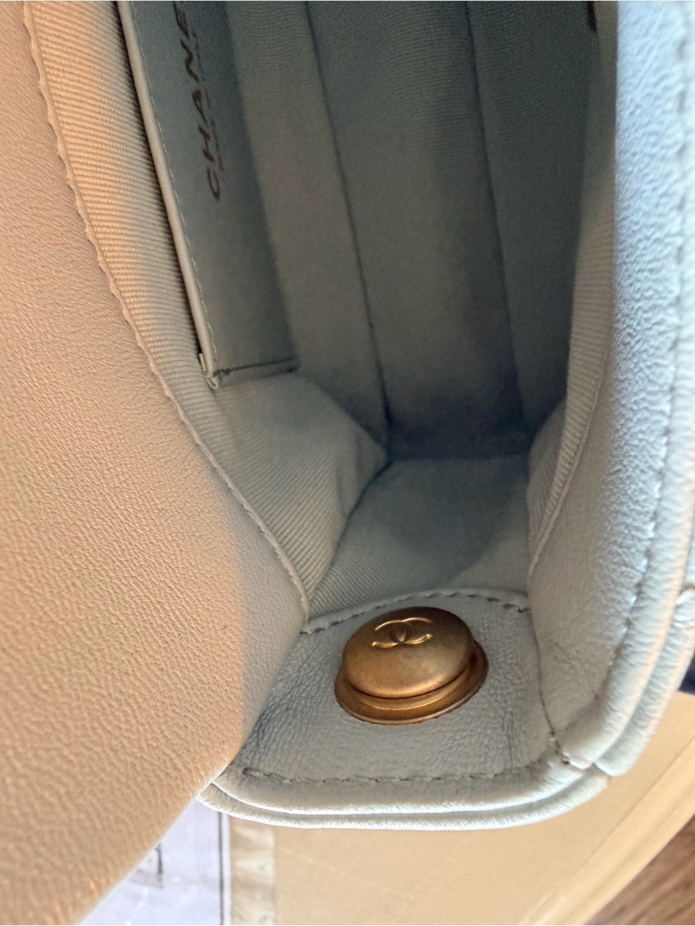 Chanel 22S Baby Blue Lambskin Plexiglass Coco Love Mini Flap | Microchipped ✨ - Picture 10 of 11